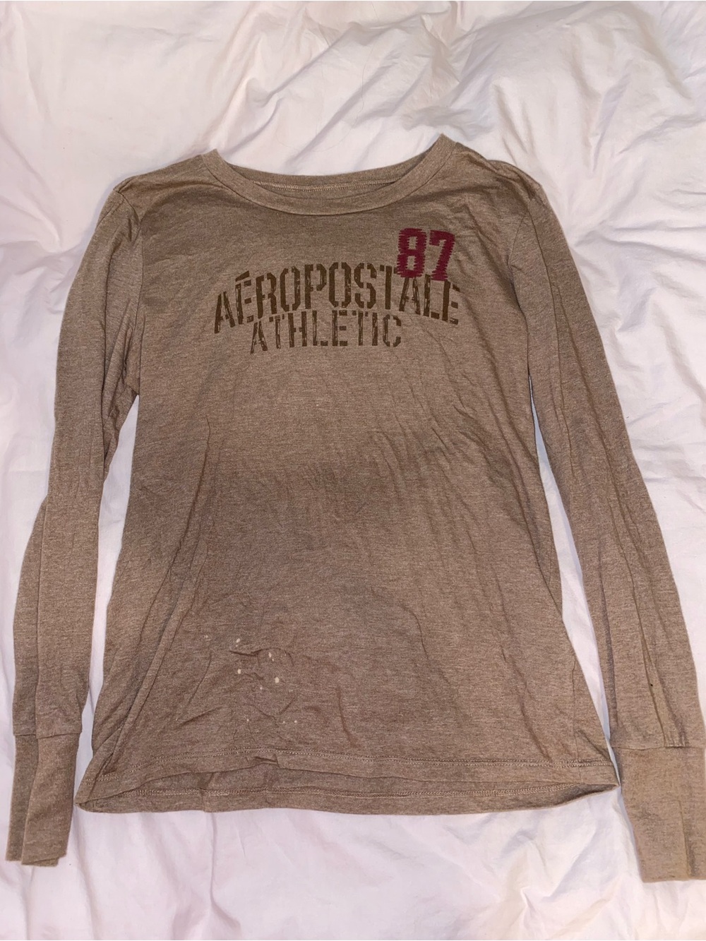 🤎 Aeropostale Brown/Taupe Long Sleeve Tee with Maroon '87 Accent